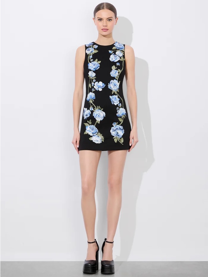 Alice + Olivia Clyde Black Mini Dress With Blue Floral Appliqu